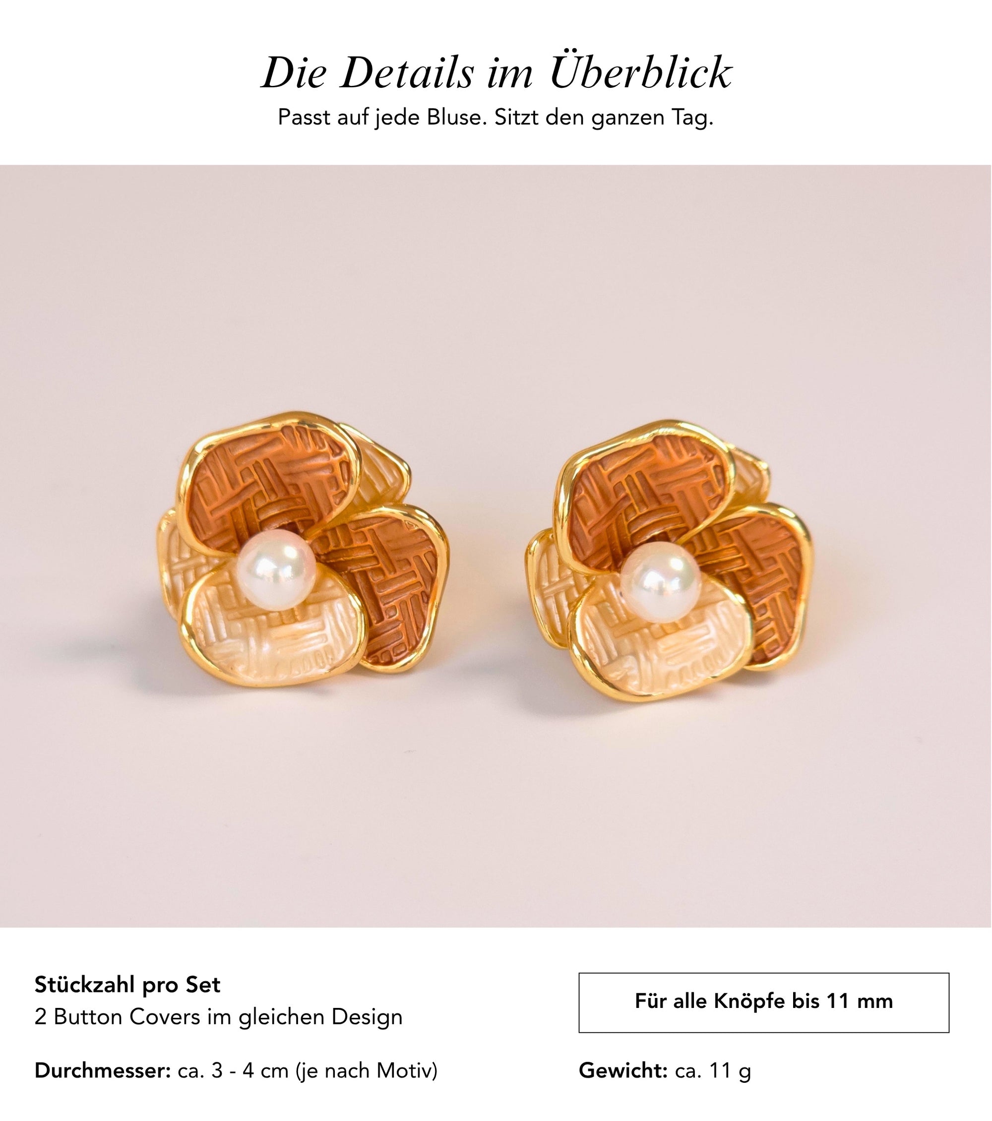 Baesics Button Covers Kleeblatt Perle – nickelfreie Knopfüberzüge, Bild 7