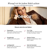Qualitätsmerkmale der Baesics® Federbrosche: Federdichte, 2-in-1 Clip, handgefertigt, leicht