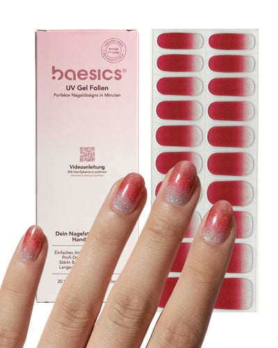 Baesics UV Gelstrips Crimson Silk – Set mit Gel Streifen und getragenem Design
