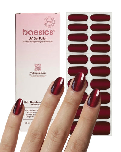 Baesics UV Gelstrips Dark Ruby – Set mit Gel Streifen und getragenem Design