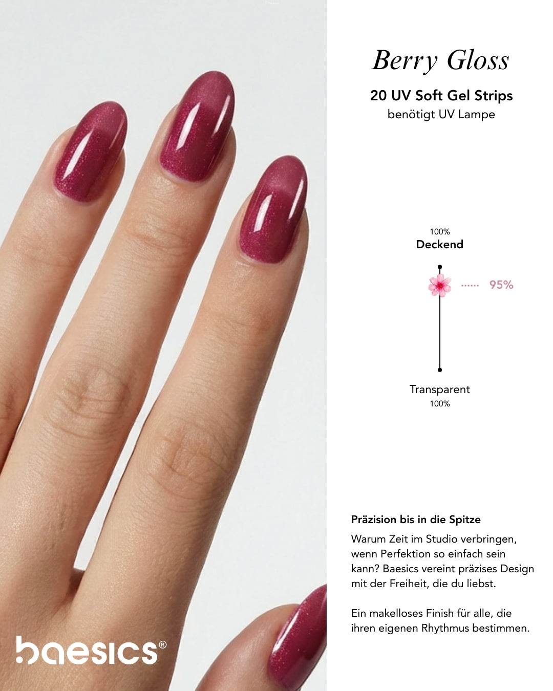 Baesics UV Gelstrips Berry Gloss an den Nägeln – semi-cured Nagelfolie