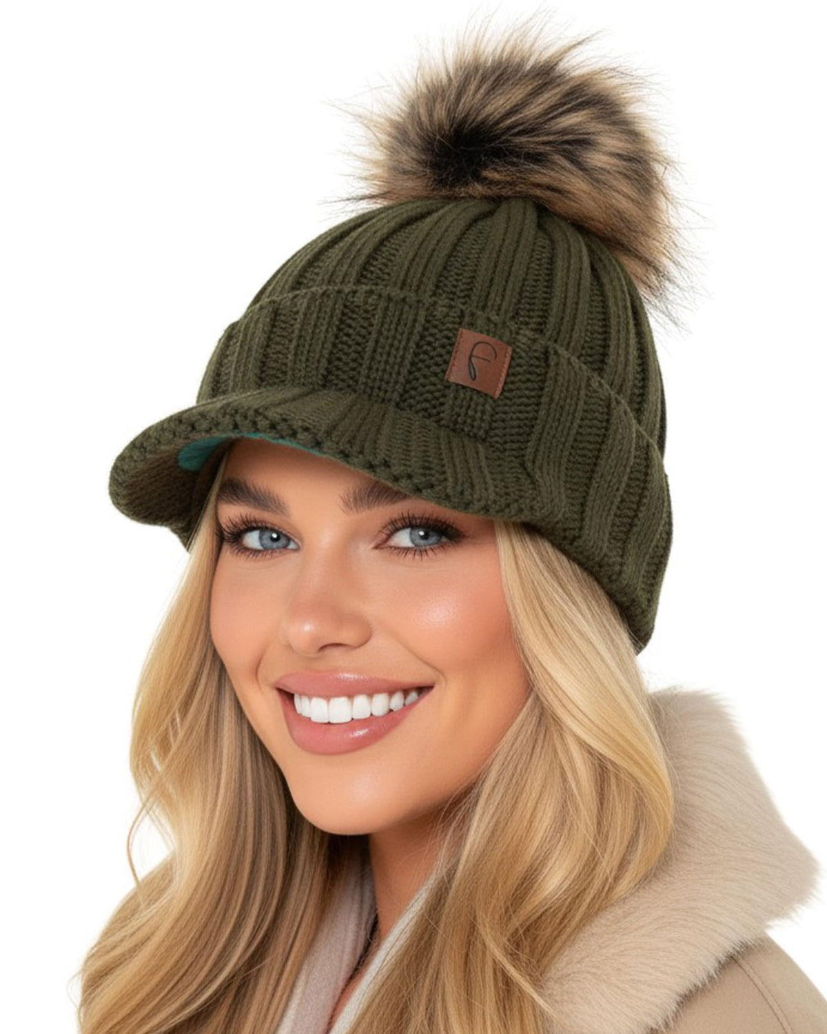 Bommelmütze mit Schirm Khaki