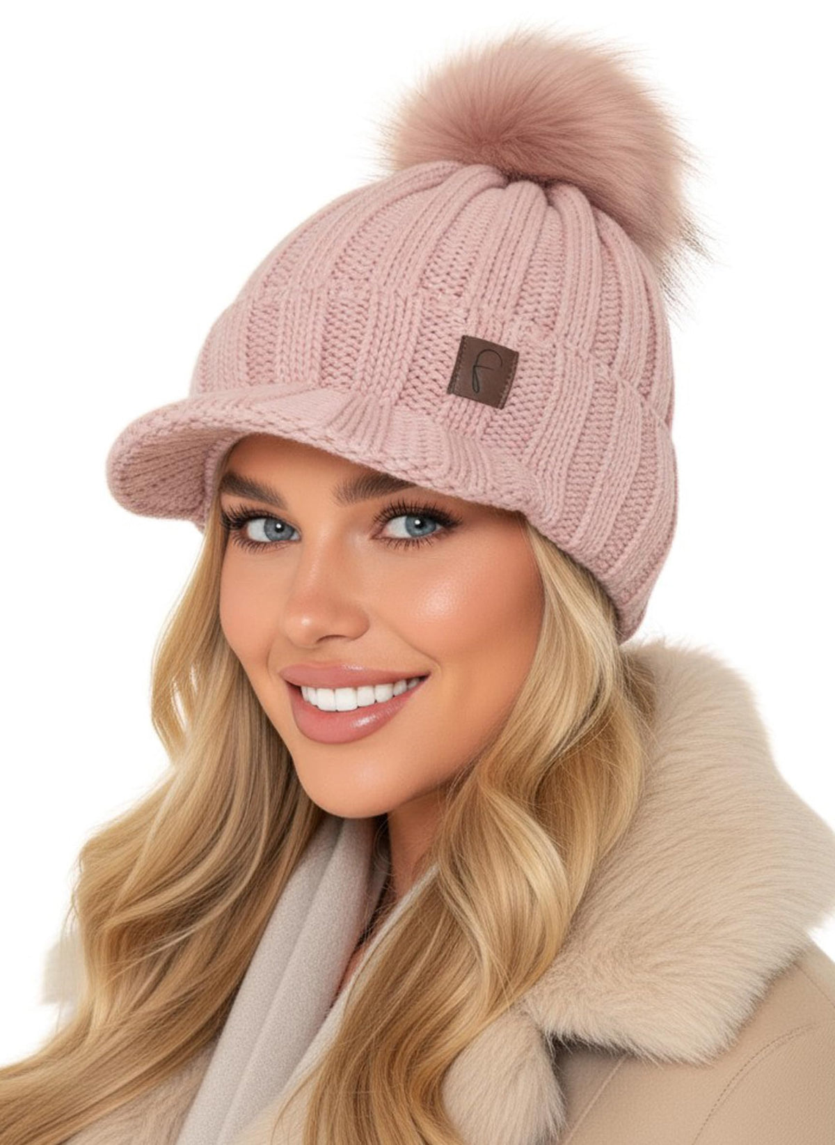Bommelmütze mit Schirm Rosa
