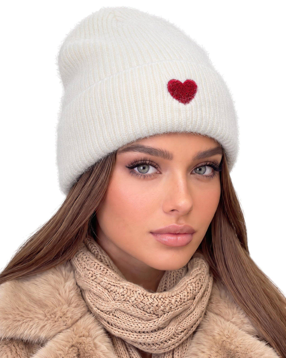 Beanie Angora Weiß mit Herz