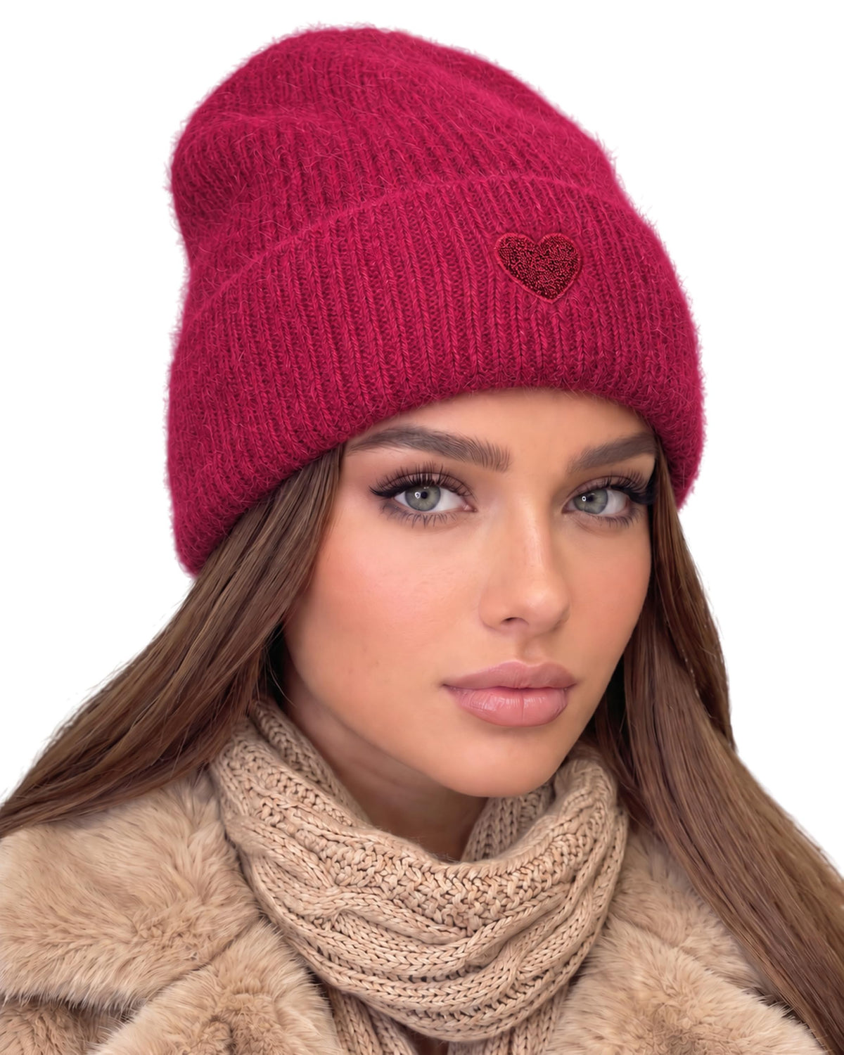 Beanie Angora Weinrot mit Herz
