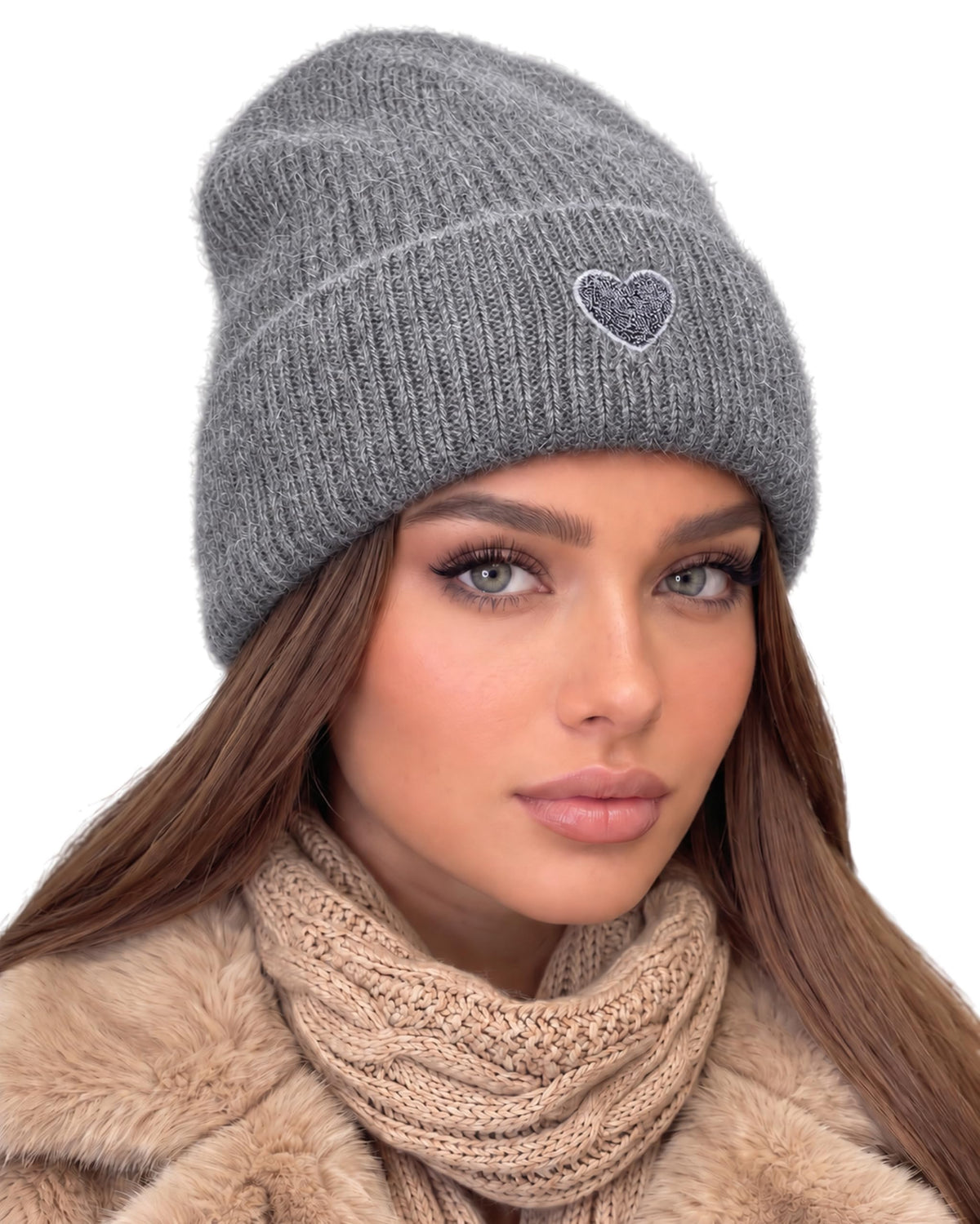 Beanie Angora Grau mit Herz
