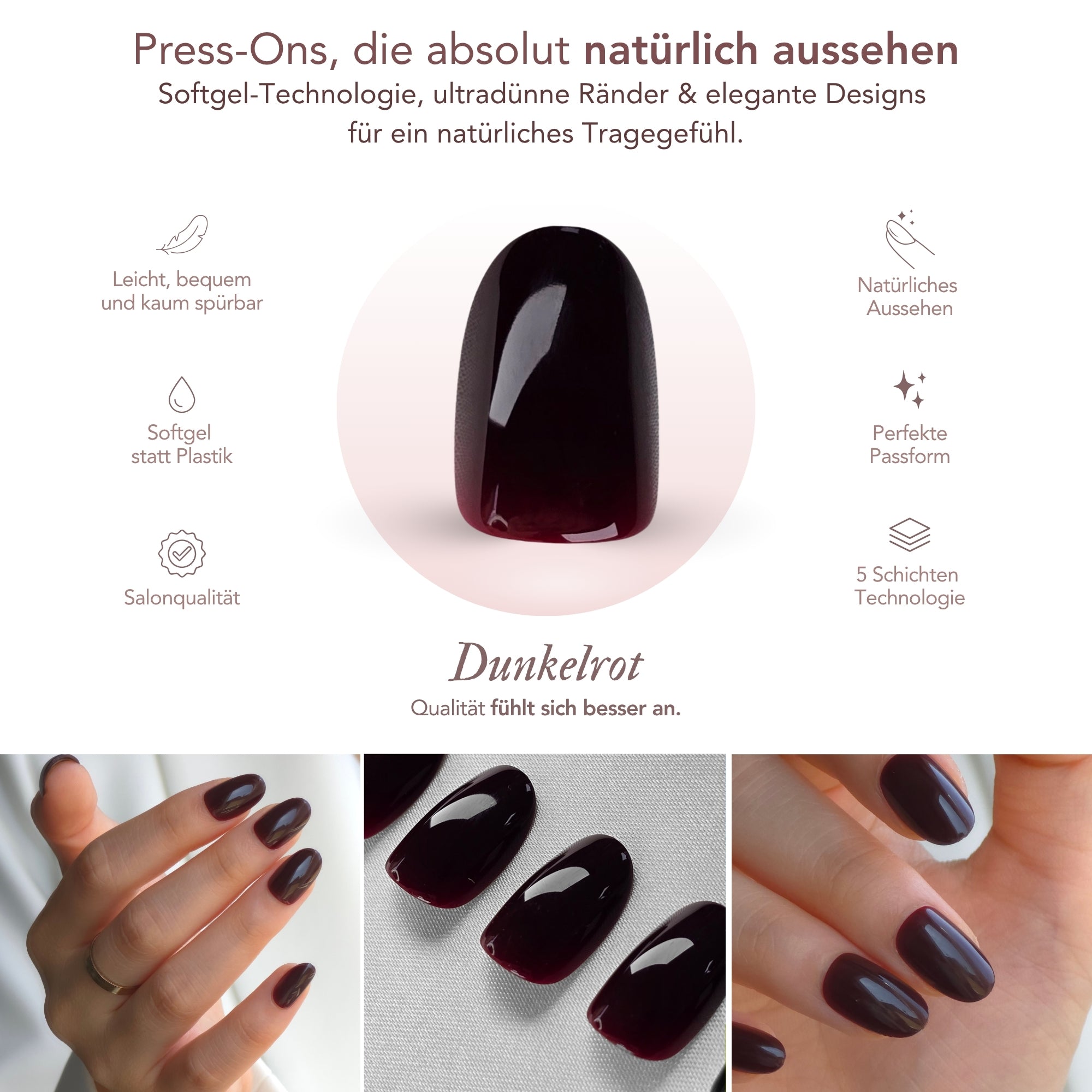Dunkelrot Oval Softgel Press-On Nails