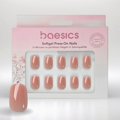 Baesics Set Koralle mit Softgel Press-On Nägeln in warmem Altrosa, kurze eckige Form, glänzend im Karton