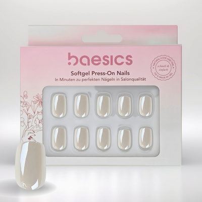 Baesics Verpackung der Elfenbein Glazed Press-On Nägel mit Nageltray und einzelnem glänzenden Softgel-Nagel