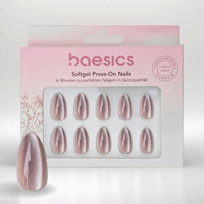 Viola Cat Eye Press-On Nägel in Rosa, Mandelform, mit schimmerndem Katzenaugen-Lichtstreifen.