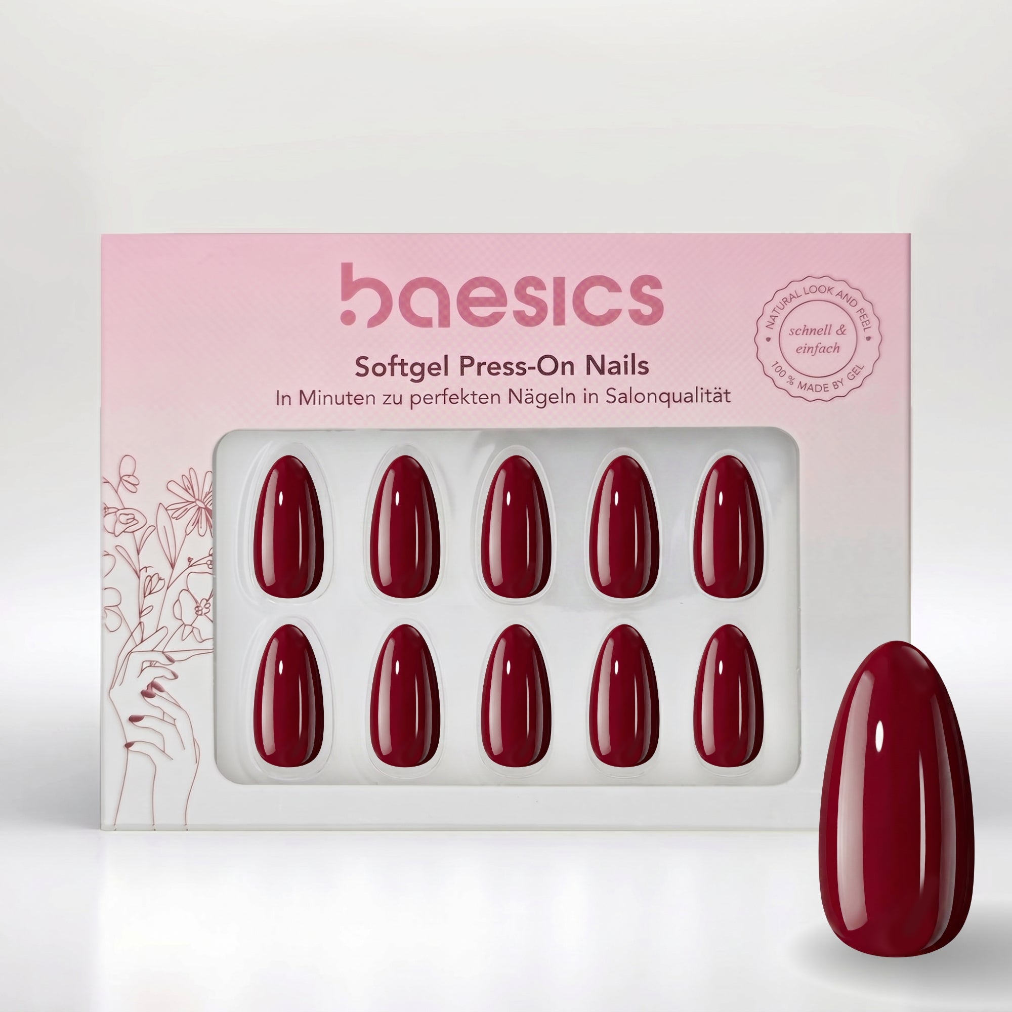 Weinrot Almond Press-On Nails, einfarbig dunkles Weinrot in langer Mandelform mit Hochglanz.