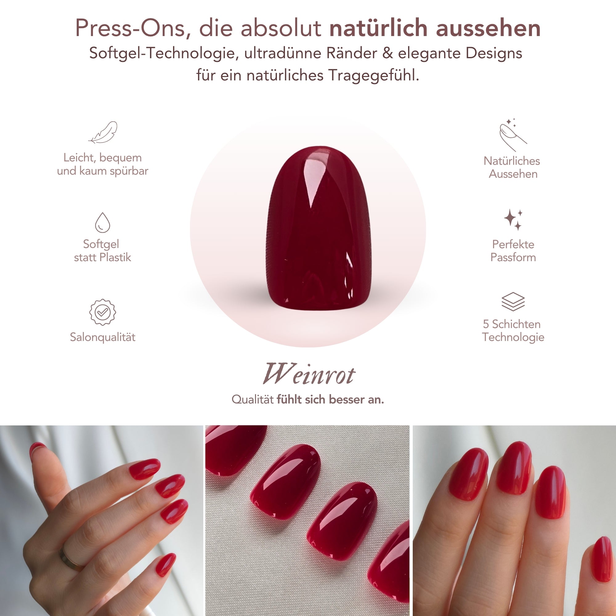 Burgundy Oval Softgel Press-On Nails