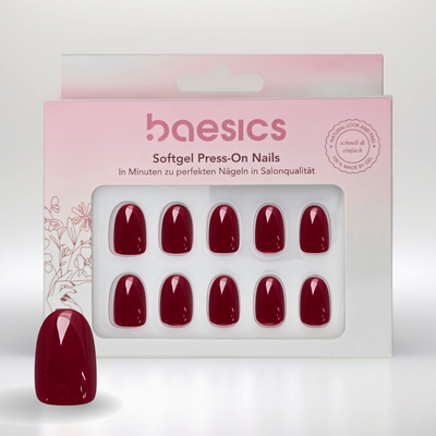 Baesics Verpackung mit zehn glänzenden Soft-Gel-Nägeln in Weinrot, ovale Kurzform