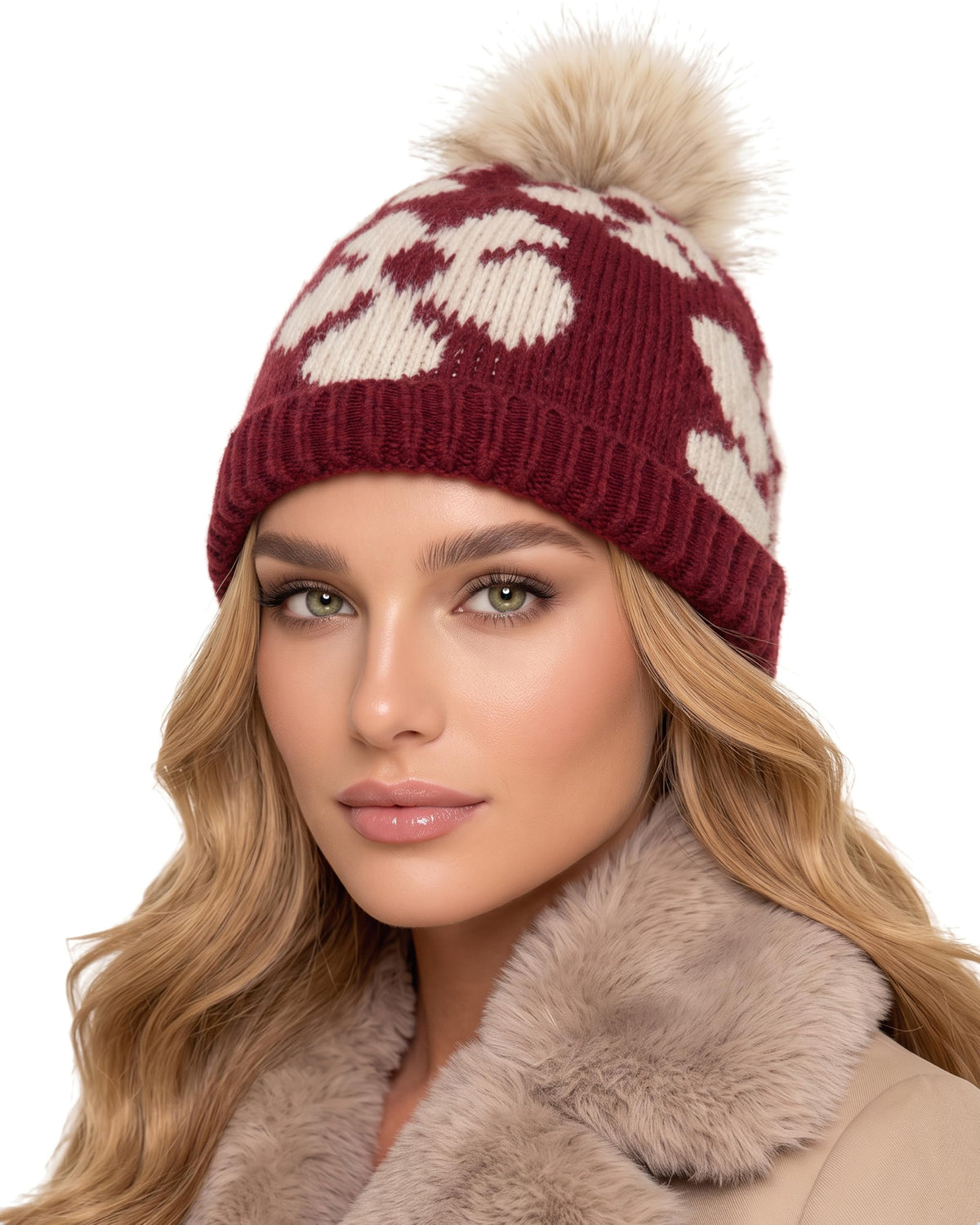 Baesics® Bommelmütze Blumen Bordeaux