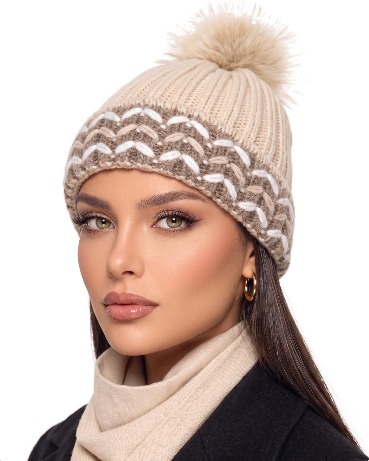 Baesics® Bommelmütze Grobstrick Zopf Beige