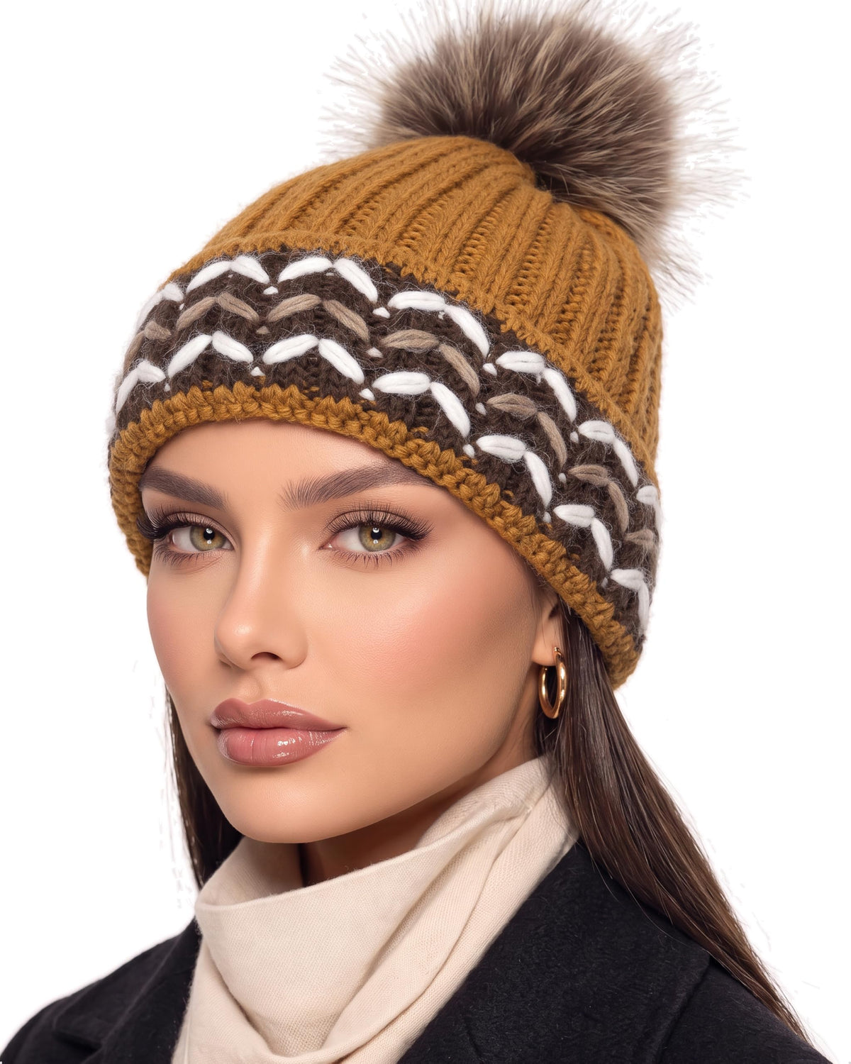 Baesics® Bommelmütze Grobstrick Zopf Camel