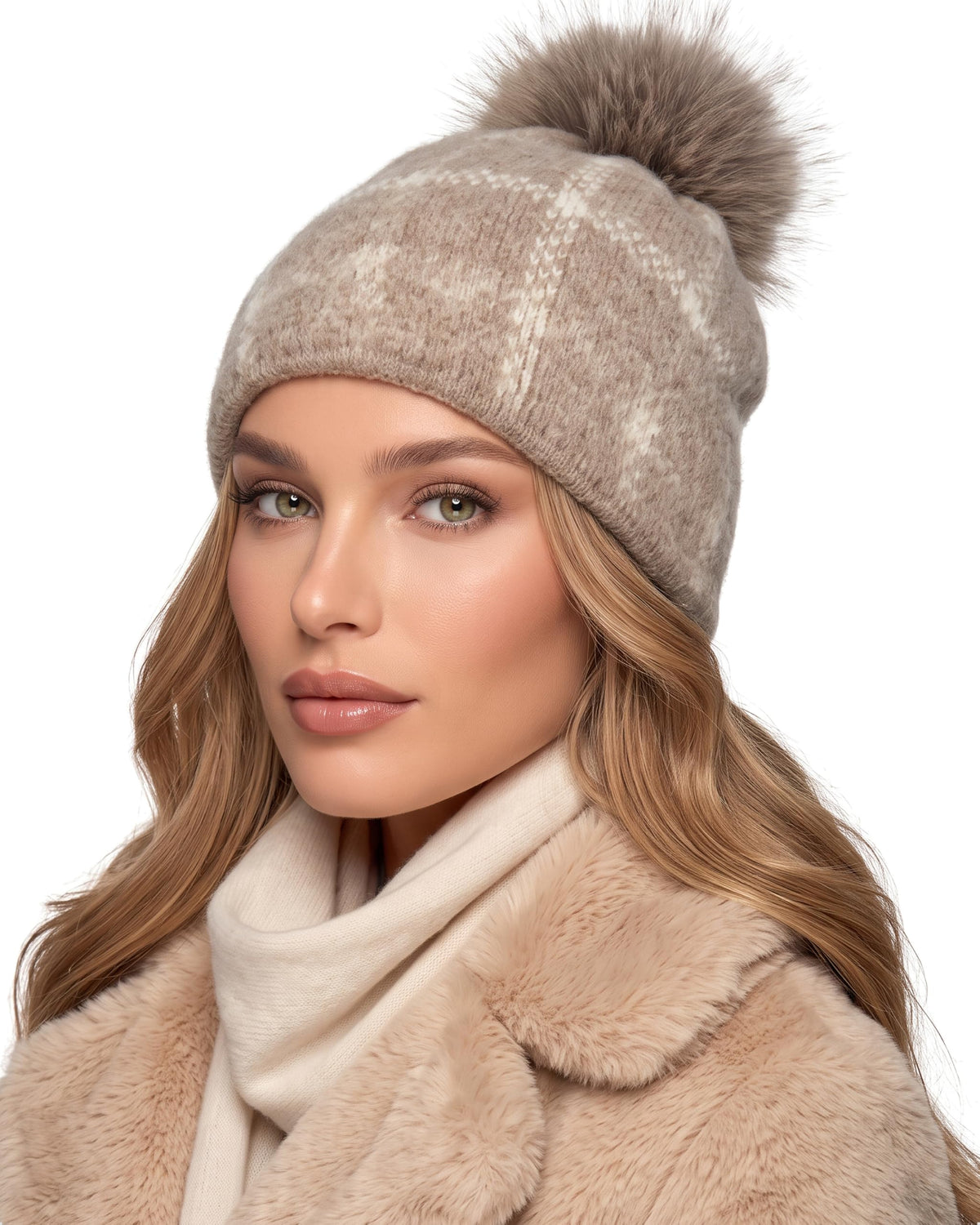 Baesics® Bommelmütze Karo Taupe