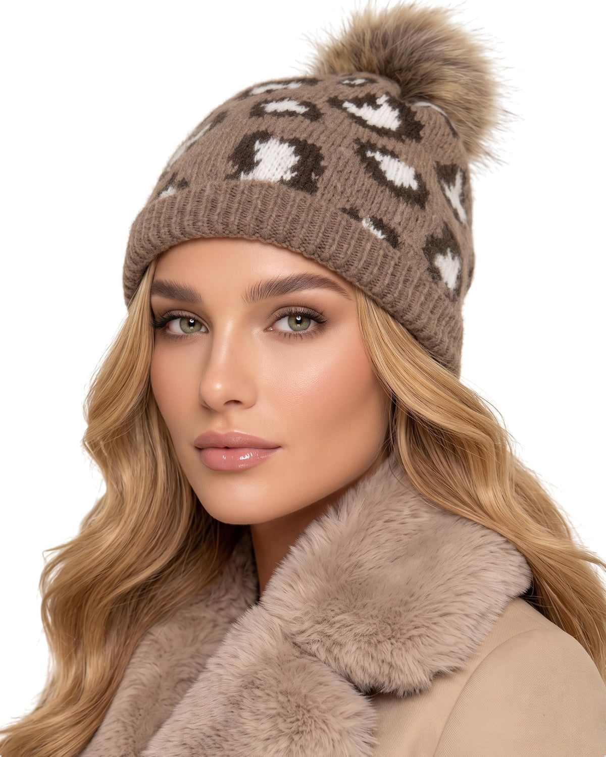 Baesics® Bommelmütze Leopard Feinstrick Taupe