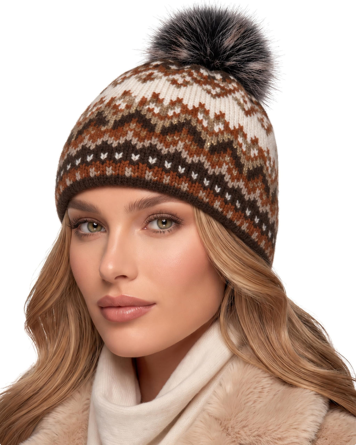 Baesics® Bommelmütze Lurex Norweger Damen Braun