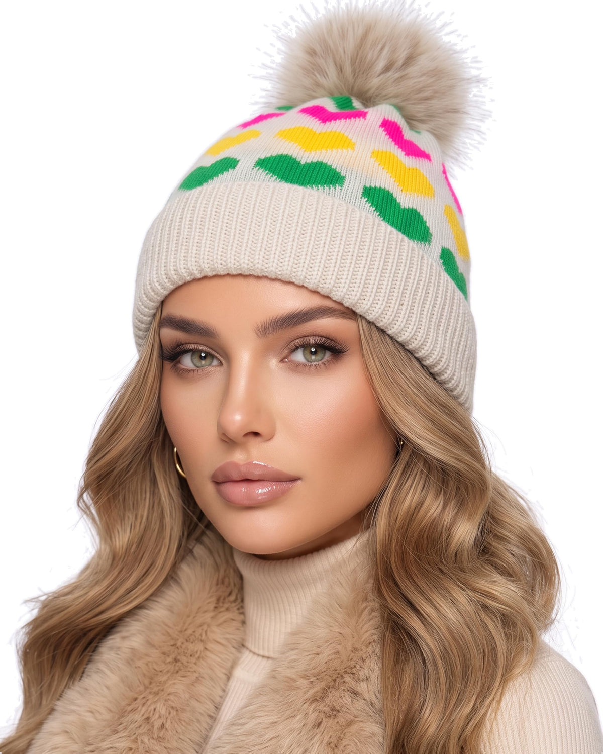 Baesics® Bommelmütze Regenbogen Herz Creme