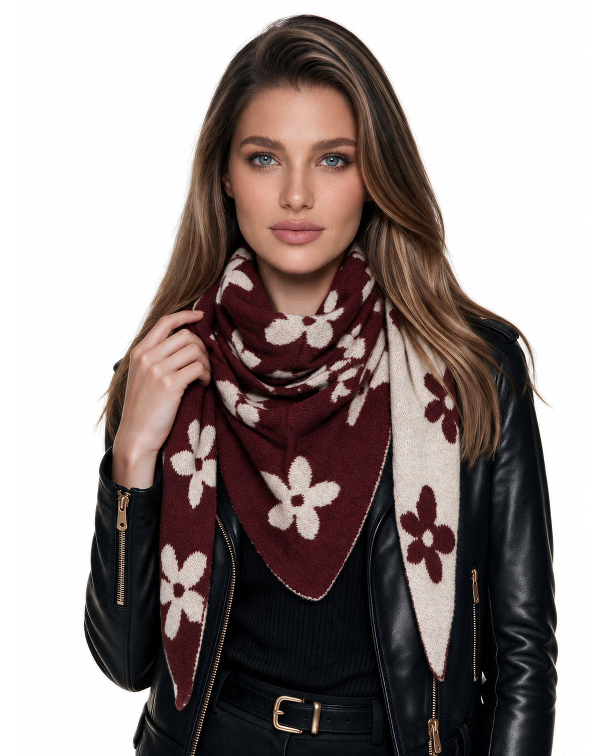 Baesics® Dreieckstuch Strick Blumen Damen Bordeaux