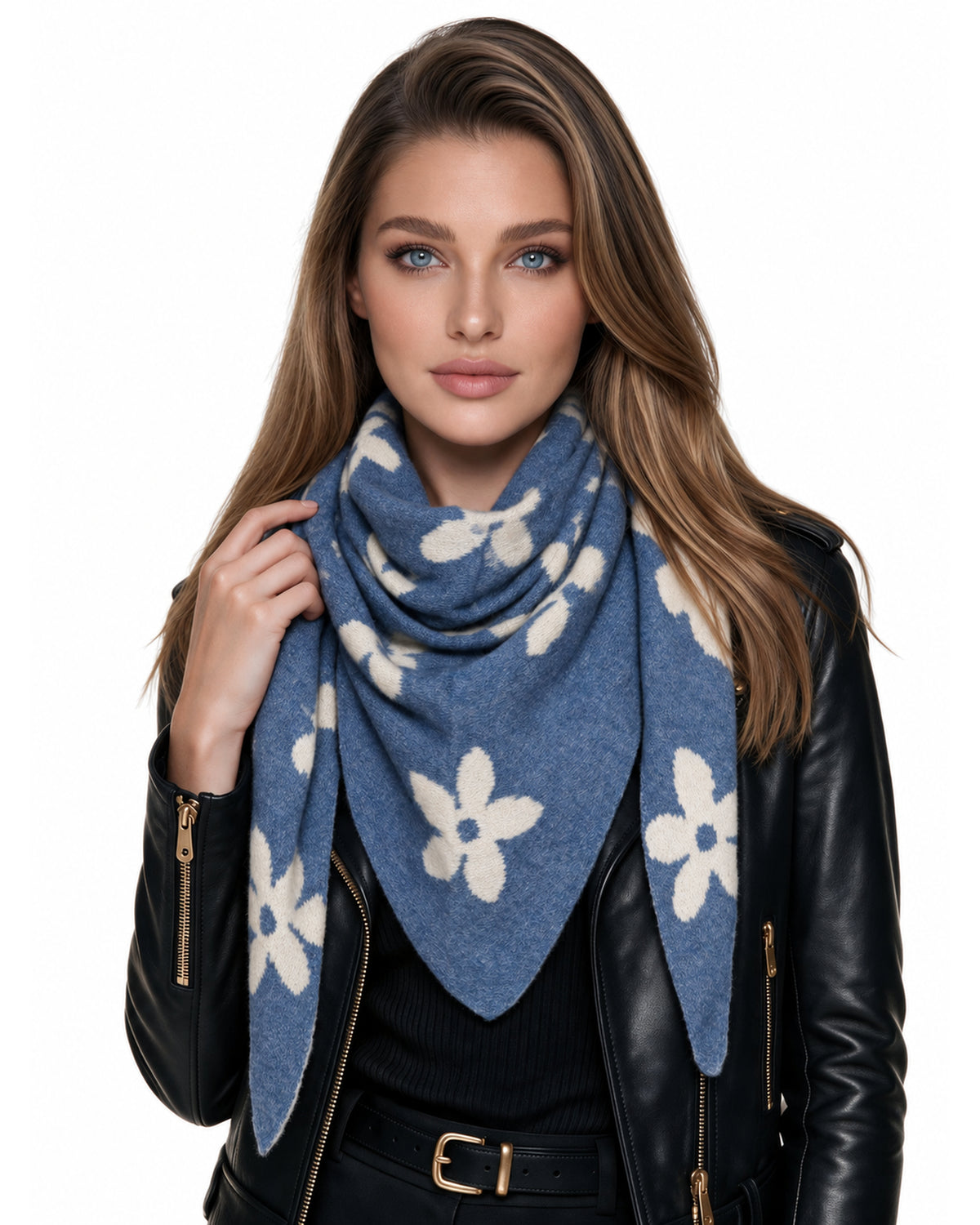 Baesics® Dreieckstuch Strick Blumen Damen Jeansblau