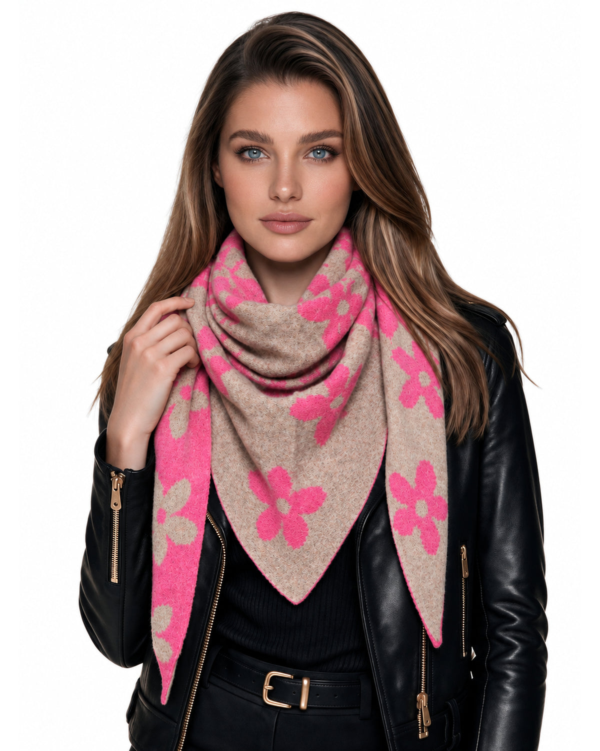 Baesics® Dreieckstuch Strick Blumen Damen Pink