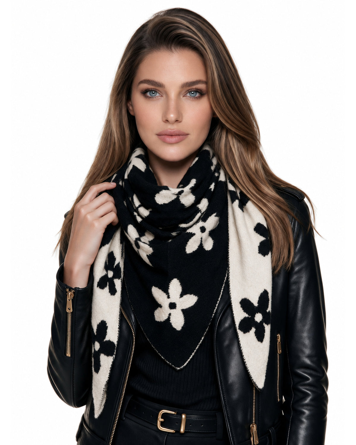 Baesics® Dreieckstuch Strick Blumen Damen Schwarz